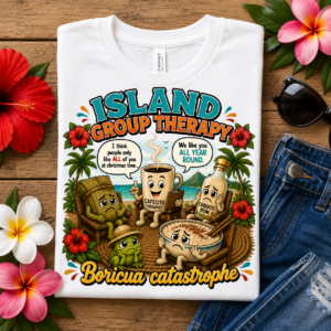 Funny Puerto Rican T-shirt featuring cafecito as a therapist counseling a sad pastel, coquito, arroz con dulce, and a coquí during an island group therapy session with the words "Island Group Therapy – Boricua Catastrophe."