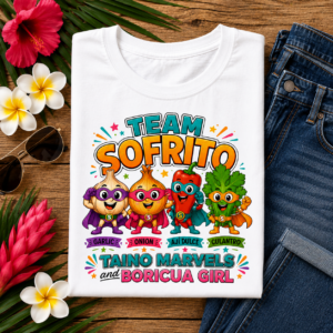 Team Sofrito Boricua Girl T-shirt with superhero garlic, onion, ají dulce, and culantro celebrating Puerto Rican food and Taíno heritage.