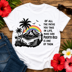 Puerto Rico Beach Tee featuring rainbow, El Morro fortress, palm trees, Caribbean mountains and inspirational travel quote
