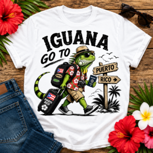 Funny Puerto Rico Iguana T-Shirt featuring a vacation iguana carrying luggage, passport, camera, and walking toward a Puerto Rico sign