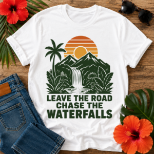 Waterfalls Adventure T-Shirt featuring a tropical waterfall, mountains, palm tree, retro sunset, and the quote "Leave the Road, Chase the Waterfalls"