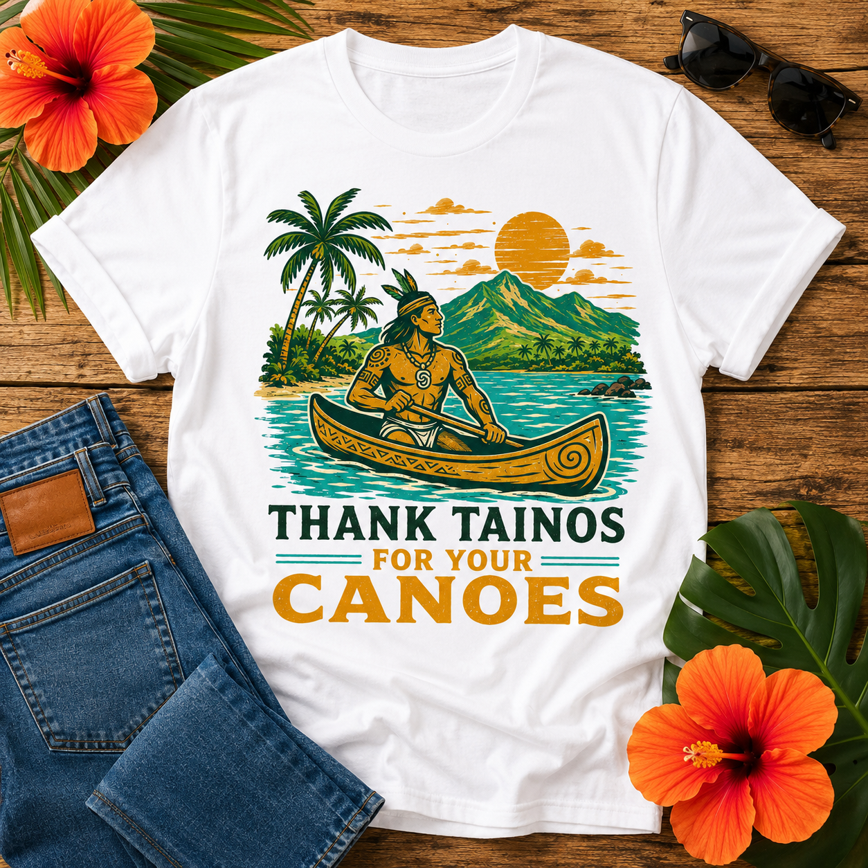 Taino Canoe T-Shirt featuring a Taíno paddling a traditional canoe with tropical mountains, palm trees, and the quote "Thank Tainos For Your Canoes"