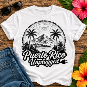 Puerto Rico Unplugged T-Shirt featuring tropical palm trees, mountain landscape, vintage sunset, and unplugged travel theme