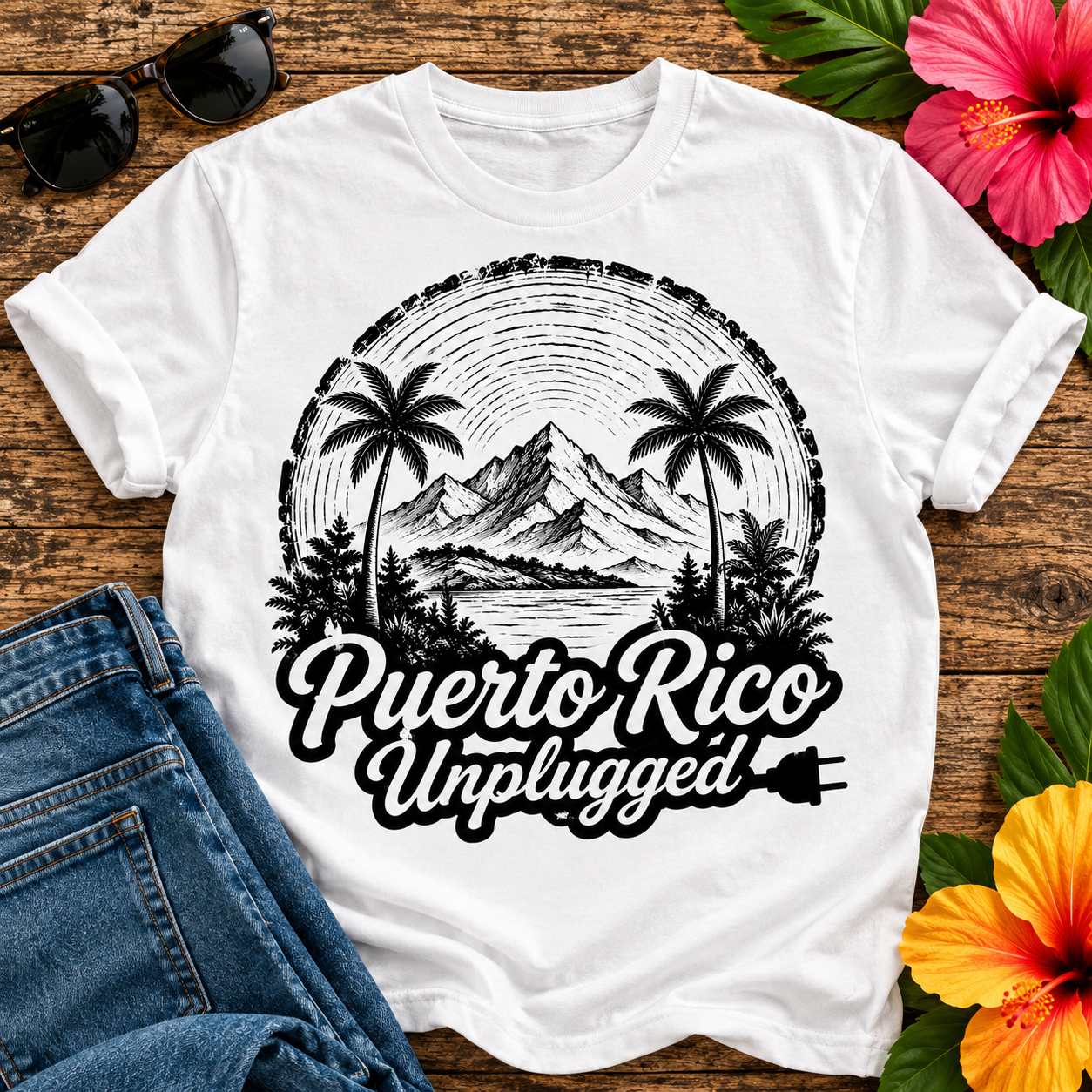 Puerto Rico Unplugged T-Shirt featuring tropical palm trees, mountain landscape, vintage sunset, and unplugged travel theme