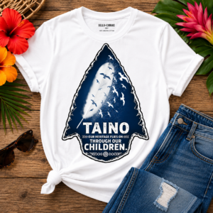 Taíno Arrowhead T-Shirt featuring a feather transforming into birds inside a stone arrowhead with the quote "Our Heritage Flies On Through Our Children"