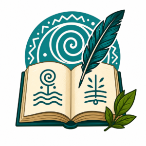 Taíno language and education icon featuring an open book, feather quill, Indigenous symbols, and cultural learning elements representing Puerto Rican Taíno heritage and education.