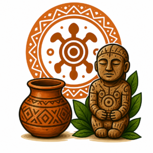 Taíno art and cultural heritage icon featuring a ceremonial pottery vessel, carved Indigenous figure, traditional symbols, and Puerto Rican Taíno cultural motifs.