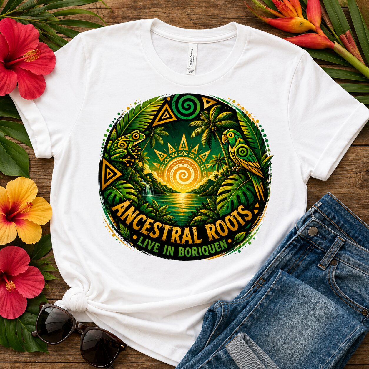 T-Shirt — Ancestral Roots "Live in Borinquen" Tribal Sun Graphic