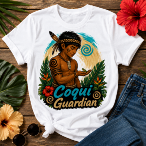 Young Taíno guardian holding a coquí frog surrounded by tropical plants and flowers with the words "Coquí Guardian."