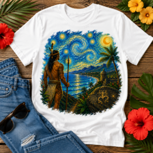 Van Gogh-inspired tropical night scene featuring a Taíno warrior overlooking the Puerto Rican coastline beneath swirling stars, palm trees, mountains, and ancient petroglyphs.
