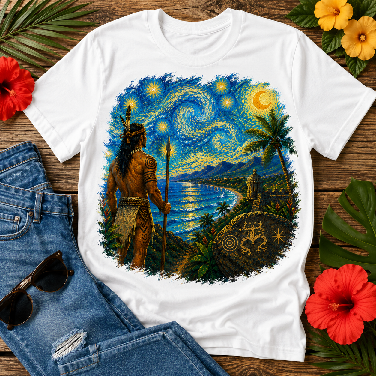 Van Gogh-inspired tropical night scene featuring a Taíno warrior overlooking the Puerto Rican coastline beneath swirling stars, palm trees, mountains, and ancient petroglyphs.