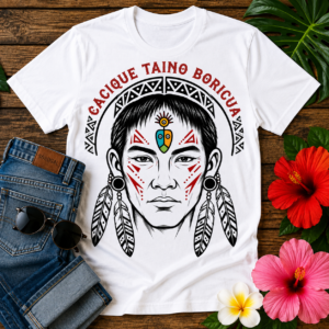 Taíno Boricua graphic featuring an Indigenous face with traditional tribal markings and the words "Cacique Taíno Boricua."
