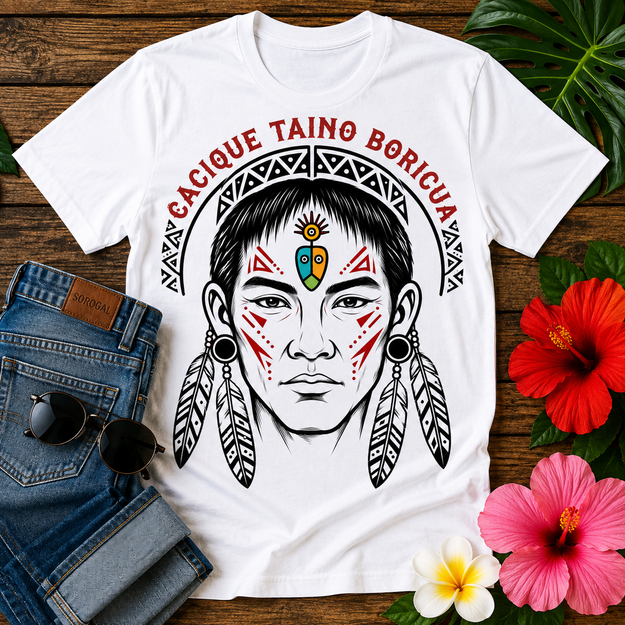 Taíno Boricua graphic featuring an Indigenous face with traditional tribal markings and the words "Cacique Taíno Boricua."