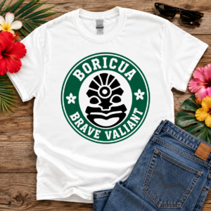 Circular Boricua Brave Valiant graphic featuring a Taíno-inspired tribal face symbol representing Puerto Rican Indigenous heritage and pride.