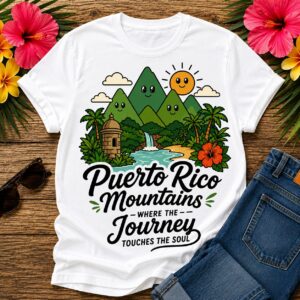 Puerto Rico Mountains T-Shirt featuring tropical mountains, waterfall, palm trees and the quote "Where the Journey Touches the Soul."