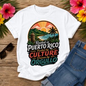 Puerto Rico Pride Tee featuring tropical island artwork with the quote "Rooted in Puerto Rico, Fueled by Culture."