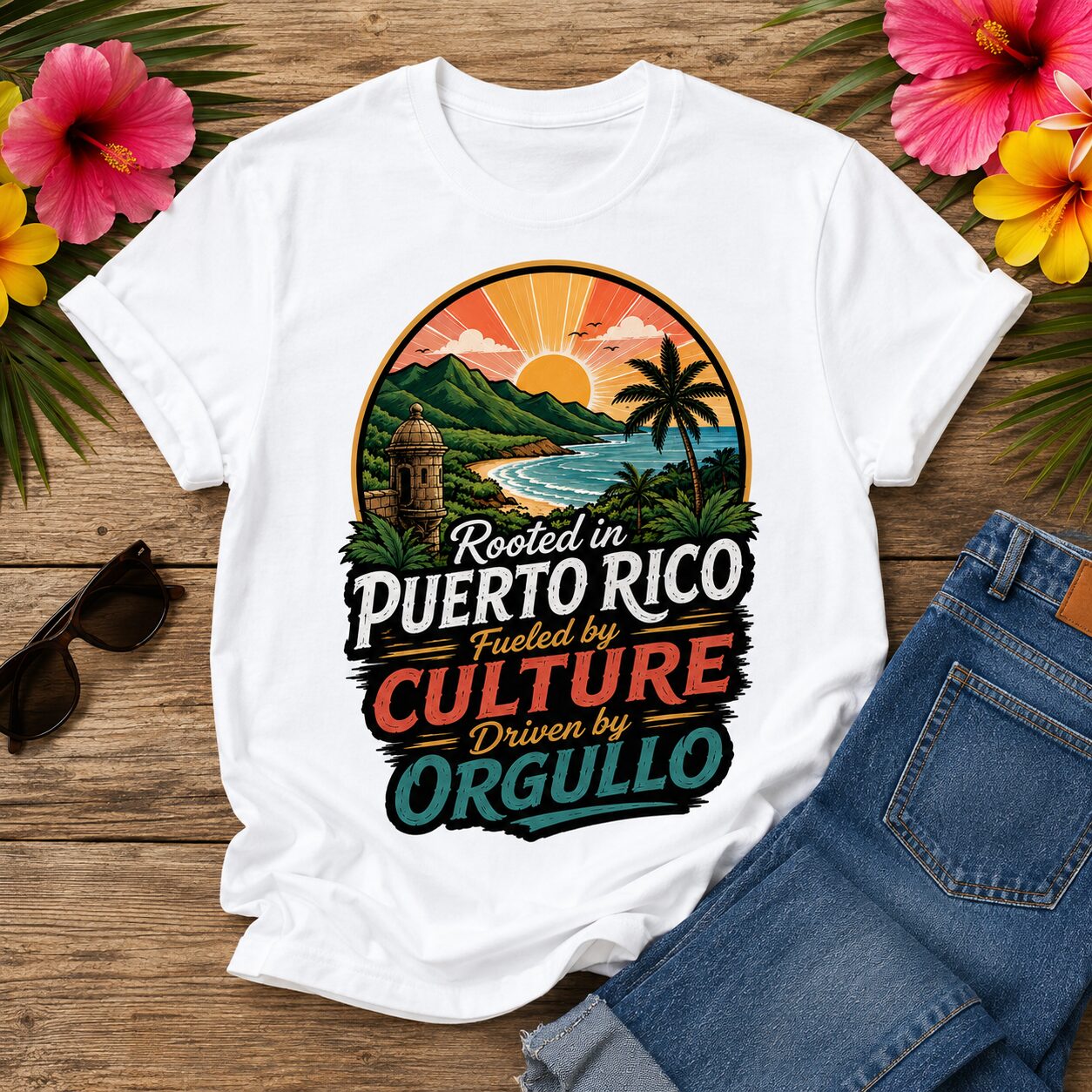 Puerto Rico Pride Tee featuring tropical island artwork with the quote "Rooted in Puerto Rico, Fueled by Culture."
