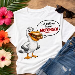 Funny Mofongo Seagull T-Shirt featuring a hungry seagull with the quote "I'd Rather Have Mofongo!" inspired by Puerto Rican food and island humor.