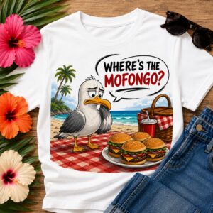 Funny Where's the Mofongo T-Shirt featuring a seagull searching for Puerto Rico's favorite comfort food on a tropical beach.