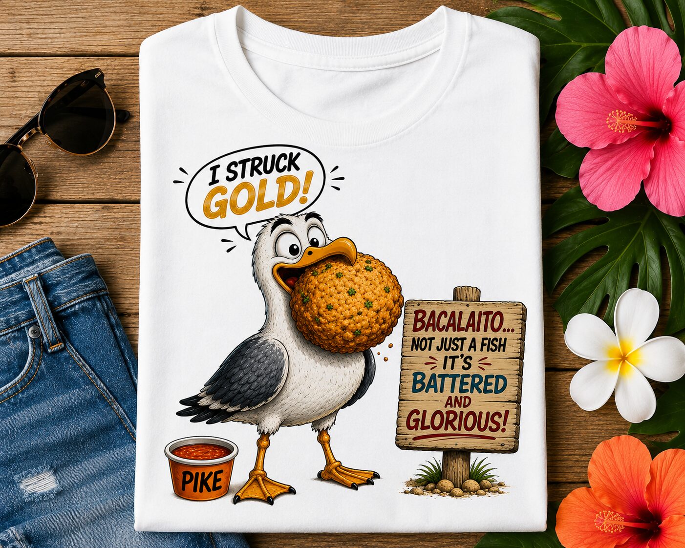 Funny Seagull Fish Bait T-Shirt featuring a happy seagull celebrating with the quote "I Struck Gold!" on a tropical beach.