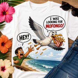 Funny Seagull Sandwich T-Shirt featuring a hungry seagull eating a sandwich with the quote "I Was Looking for Mofongo."