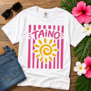 Taíno Sun T-Shirt featuring an ancient Caribbean sun symbol inspired by Indigenous Taíno heritage and Puerto Rican culture.