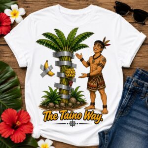 The Taíno Way T-Shirt featuring a smiling Taíno-inspired character proudly presenting a tropical banana tree in a humorous Caribbean illustration.