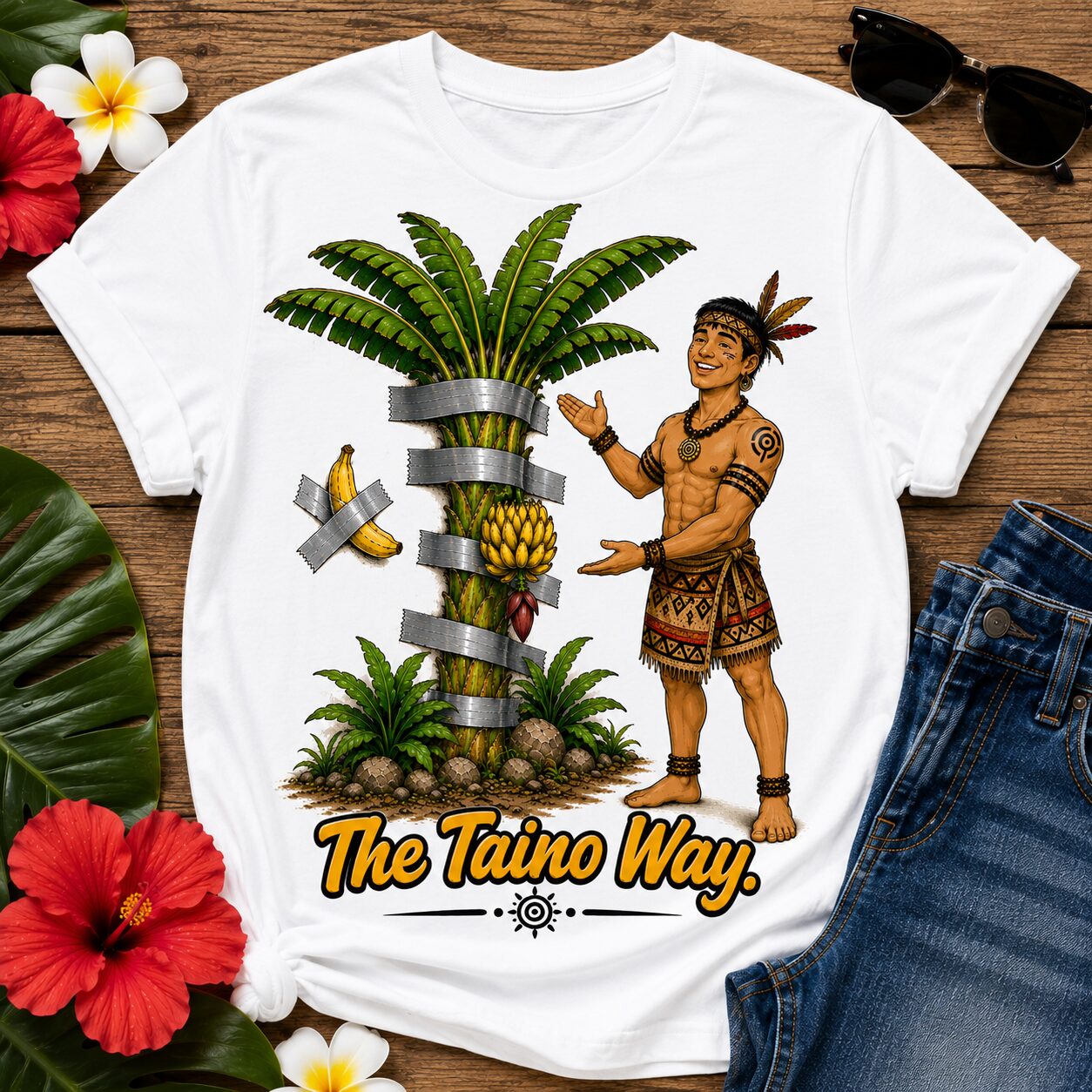 The Taíno Way T-Shirt featuring a smiling Taíno-inspired character proudly presenting a tropical banana tree in a humorous Caribbean illustration.