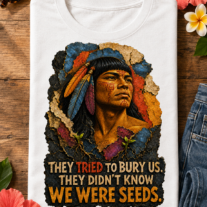 Taíno heritage shirt with Indigenous portrait feathers and They Tried to Bury Us Seeds quote