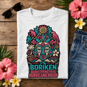 Borikén resilience shirt with Taíno-inspired symbols coquí parrot tropical flowers and Our Strength Is Hurricane Proof quote
