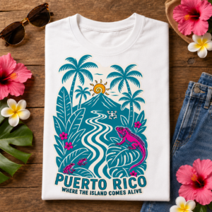 Puerto Rico tropical shirt with palm trees coquí frogs iguana mountains flowers and tropical sun