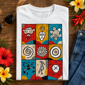 Taíno symbols shirt with colorful sun turtle bird spiral and geometric tribal icon grid