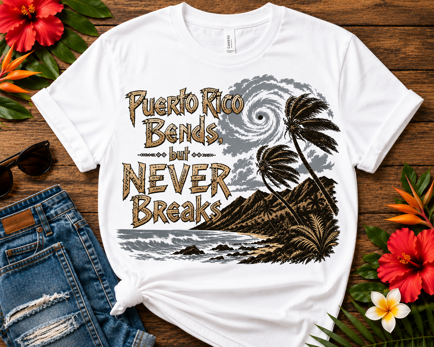 Puerto Rico Bends But Never Breaks T-Shirt with hurricane, palm trees and tropical island landscape