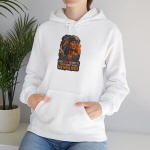 Alt text: We Were Seeds Taíno Hoodie with Borikén-inspired portrait