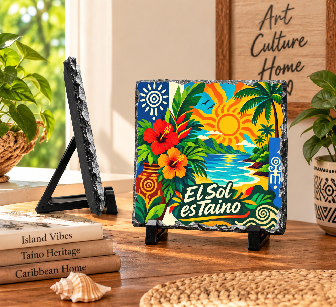 Taíno slate plaque with El Sol es Taíno Puerto Rican tropical artwork