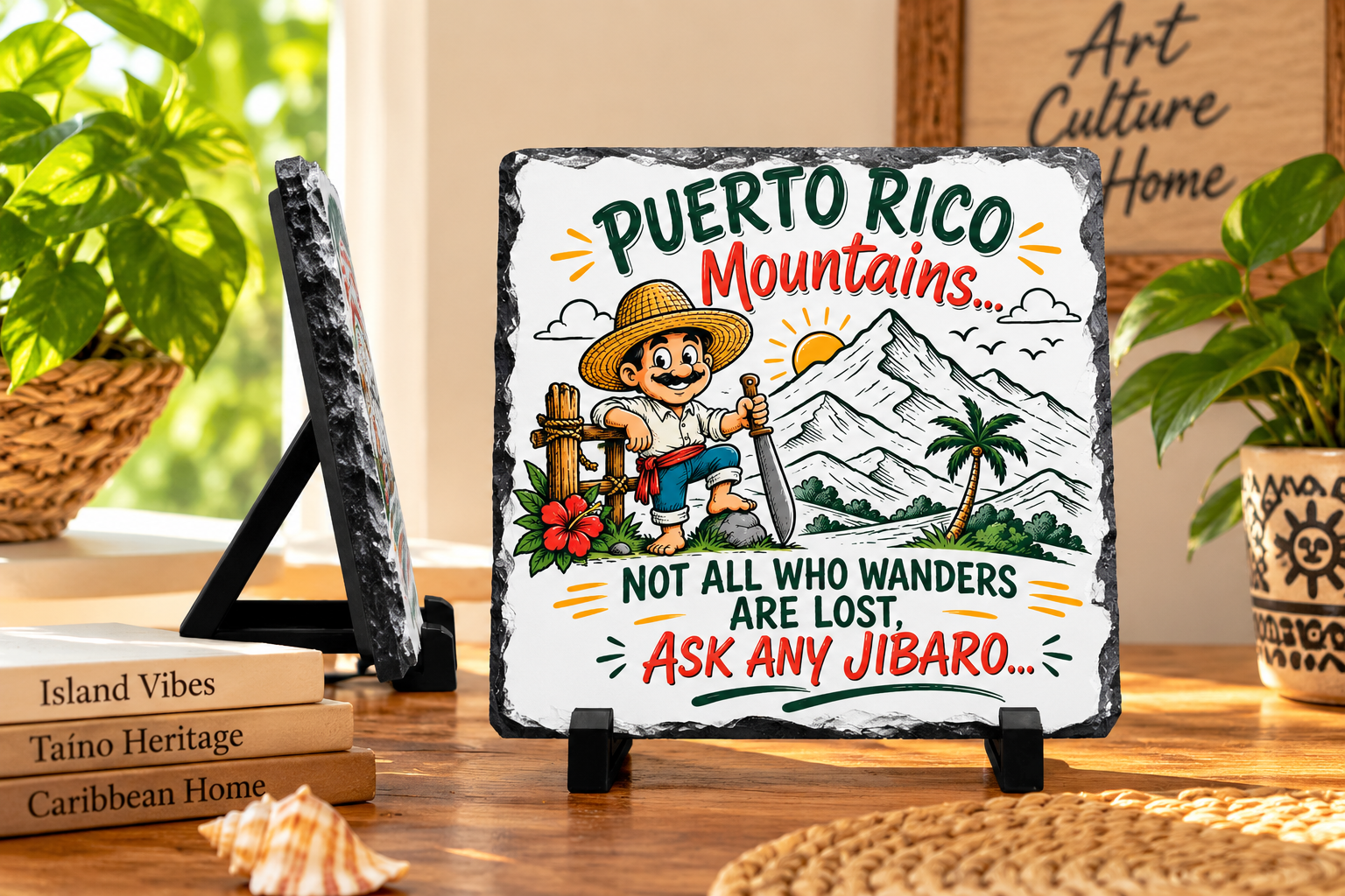 Puerto Rico mountains slate plaque with jíbaro heritage artwork