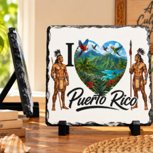 I Love Puerto Rico slate plaque with tropical Taíno inspired artwork