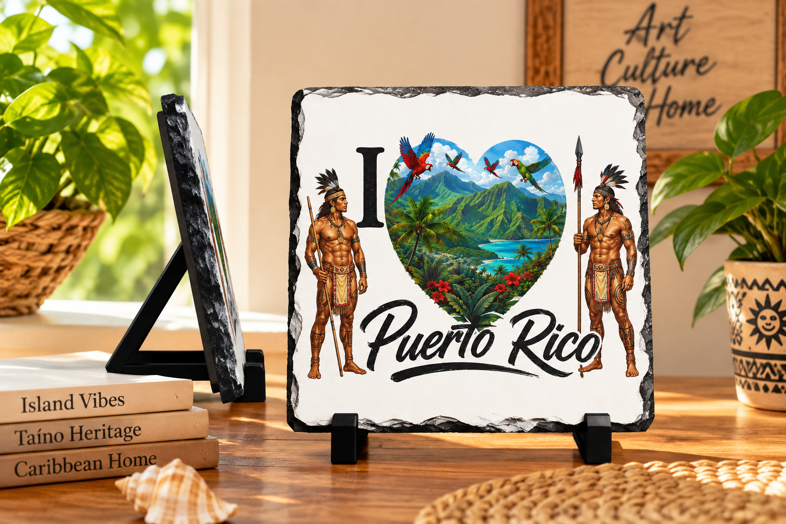 I Love Puerto Rico slate plaque with tropical Taíno inspired artwork