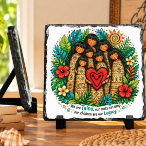 Taíno family plaque with Our Roots Our Legacy heritage artwork