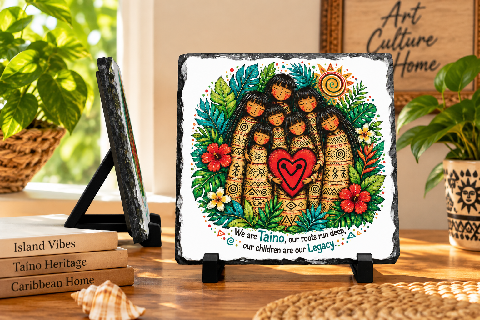 Taíno family plaque with Our Roots Our Legacy heritage artwork