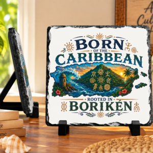 Borikén slate plaque with Puerto Rico Caribbean landscape and Taíno inspired symbols