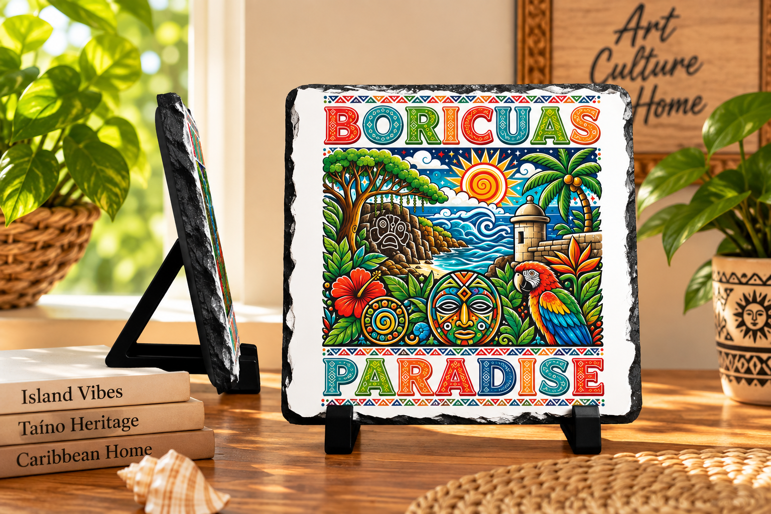 Boricua paradise plaque with colorful Puerto Rican tropical artwork