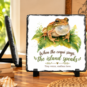 Coquí frog plaque with Puerto Rican watercolor island artwork