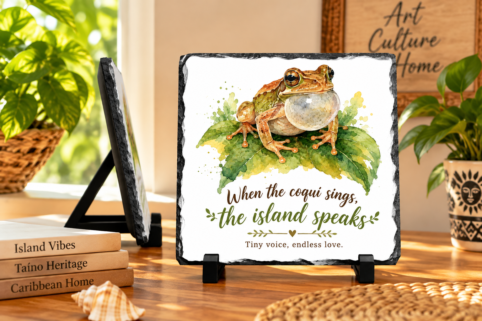 Coquí frog plaque with Puerto Rican watercolor island artwork