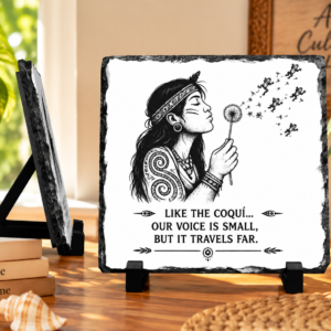 Taíno voice plaque with woman and coquí inspired Puerto Rican heritage artwork