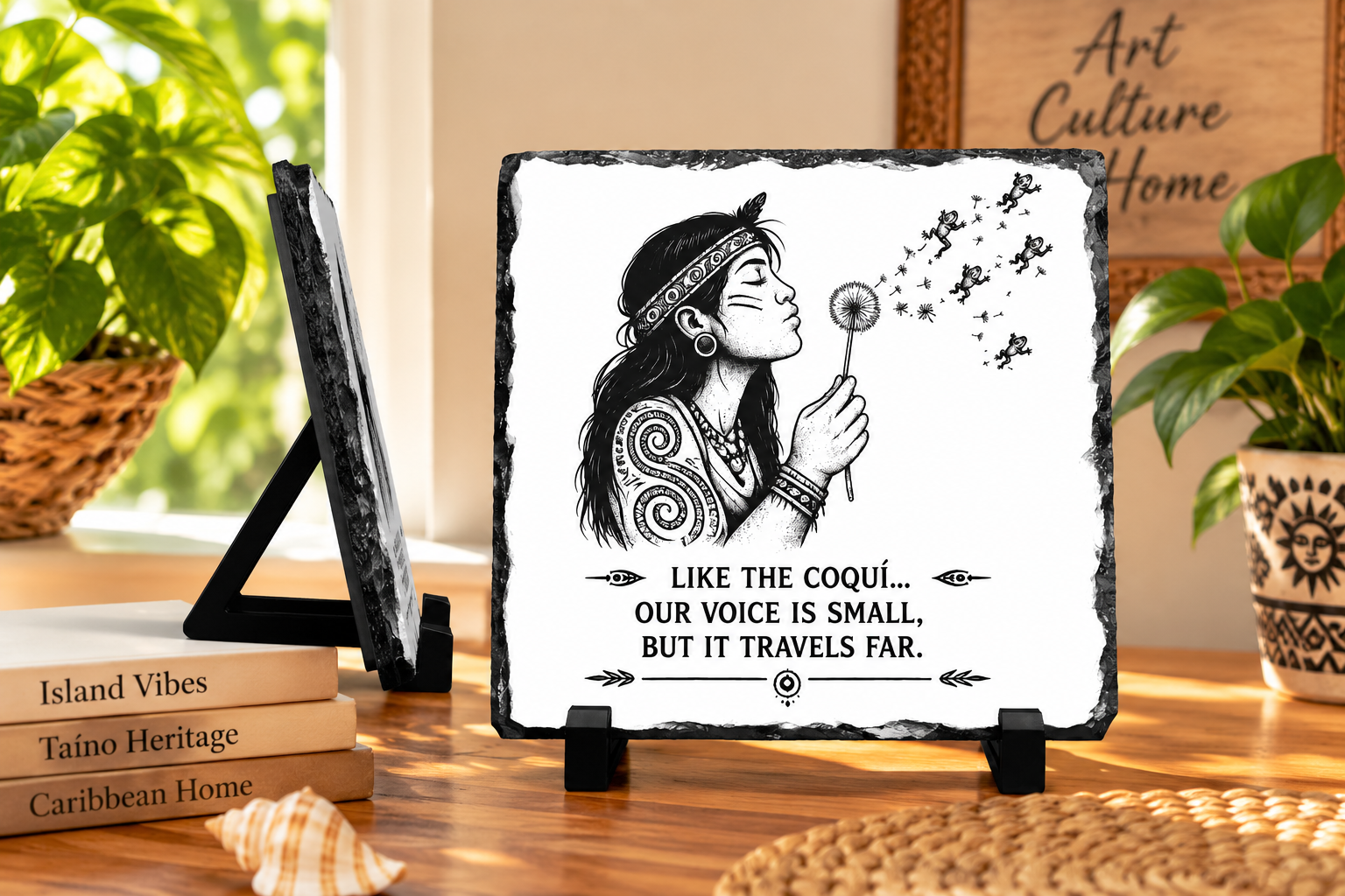 Taíno voice plaque with woman and coquí inspired Puerto Rican heritage artwork