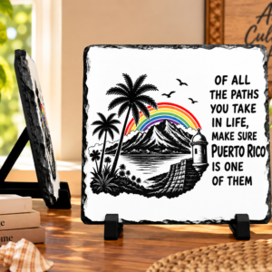 Puerto Rico travel plaque with island landscape rainbow and inspirational quote