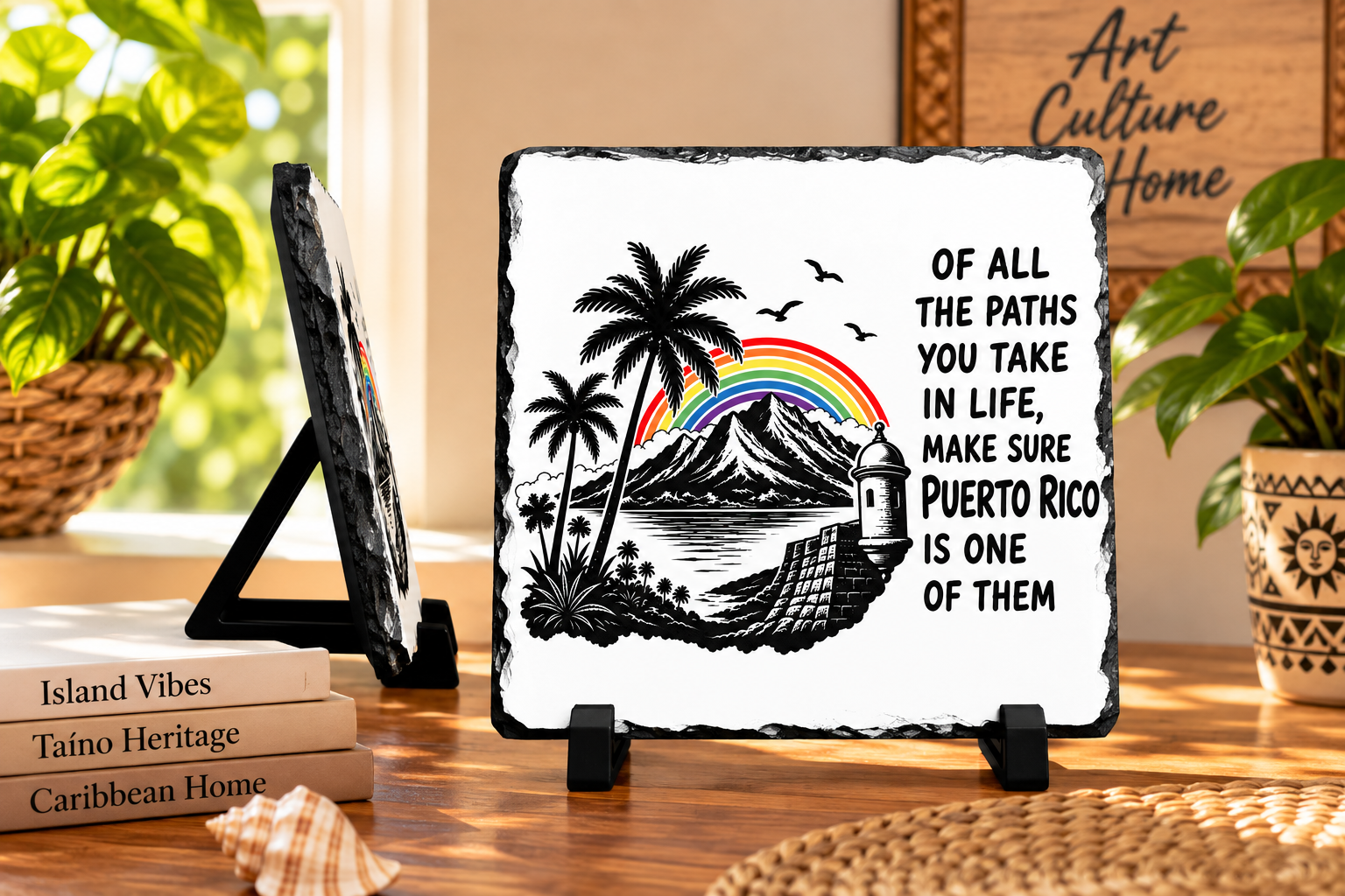 Puerto Rico travel plaque with island landscape rainbow and inspirational quote