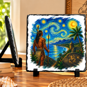Taíno night plaque with Puerto Rico starry sky and Caribbean coastal artwork