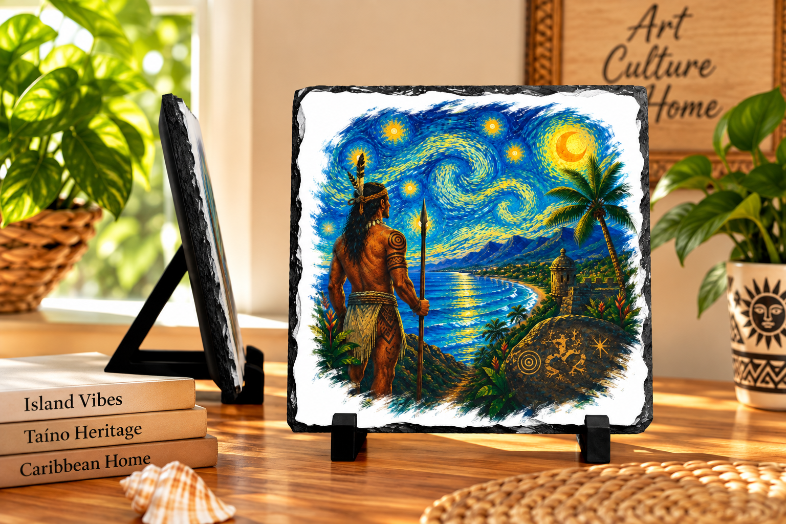 Taíno night plaque with Puerto Rico starry sky and Caribbean coastal artwork